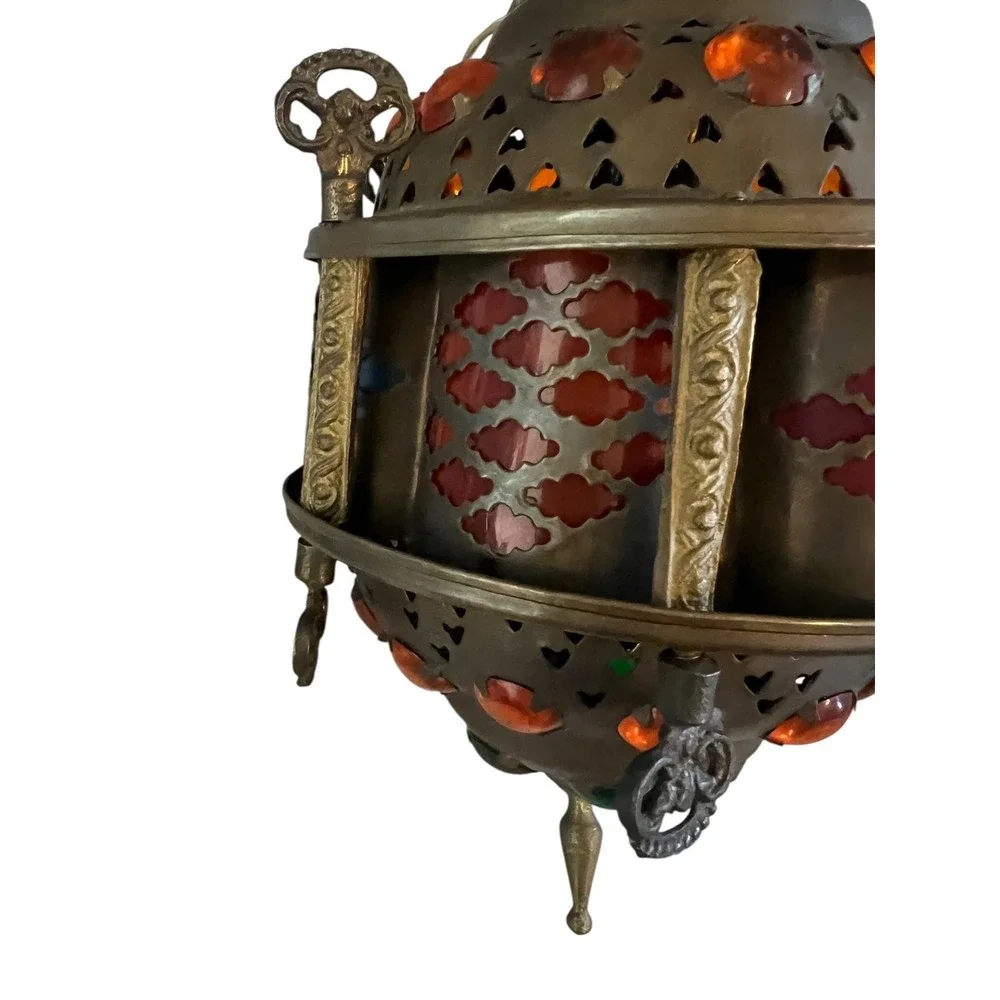 Vintage Moroccan Brass Jeweled Lantern Hanging Swag Lamp Colorful Glass Cabochon